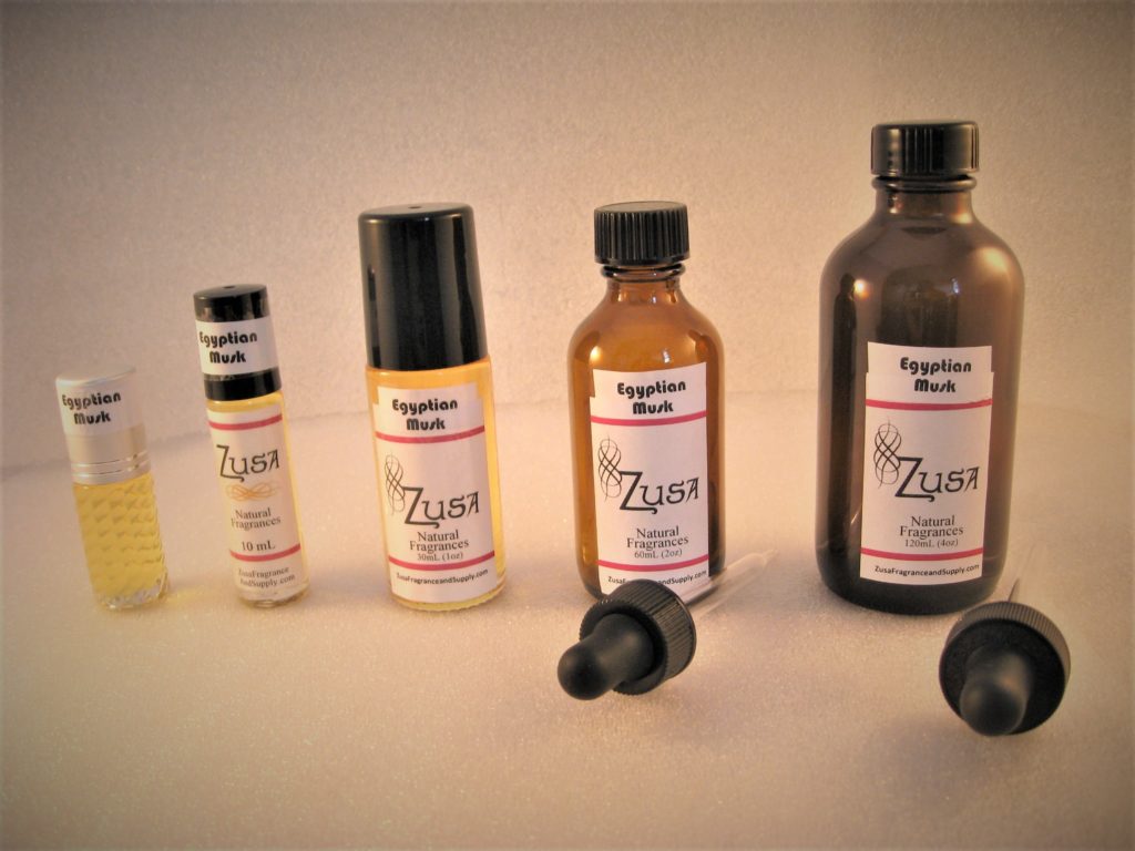 Egyptian Musk - Choose Size Zusa Brand Fragrance Perfume Aromatherapy in 10mL (1/3oz) OR 30mL (1oz) Roll-On Bottle, 2oz or 4oz with Dropper
